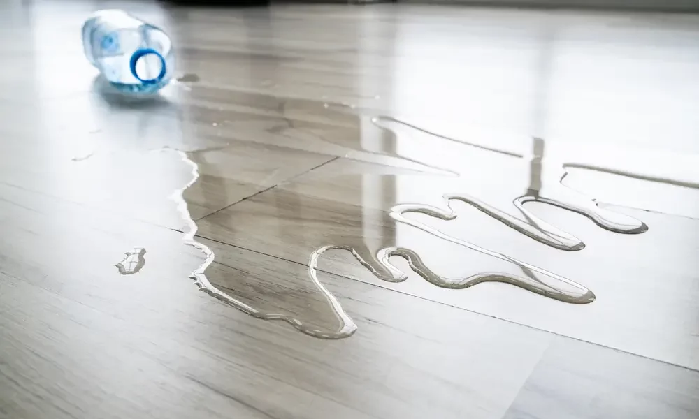 Spilled bottle of water on porcelain wood floor